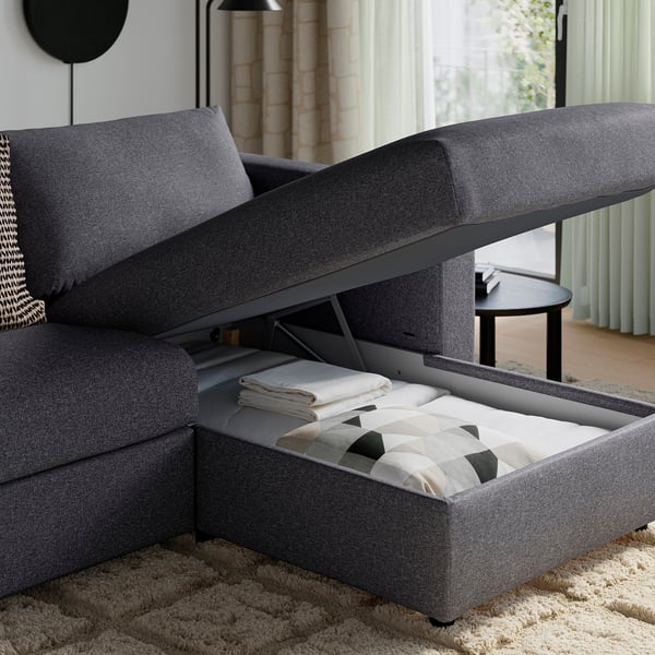 VIMLE Sofá 4 +chaiselongue, con repousabrazos anchos/Gunnared gris