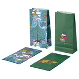 Catro bolsas de agasallo coloridos con deseños de bosque e animais en papel azul e verde.
