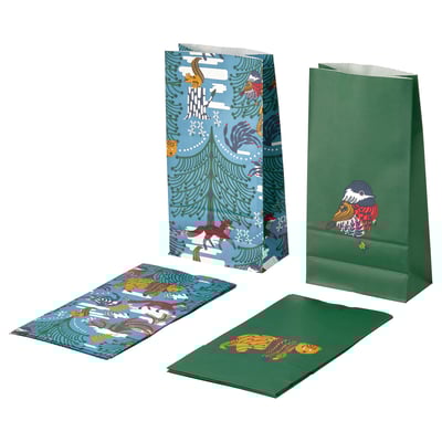 Catro bolsas de agasallo coloridos con deseños de bosque e animais en papel azul e verde.