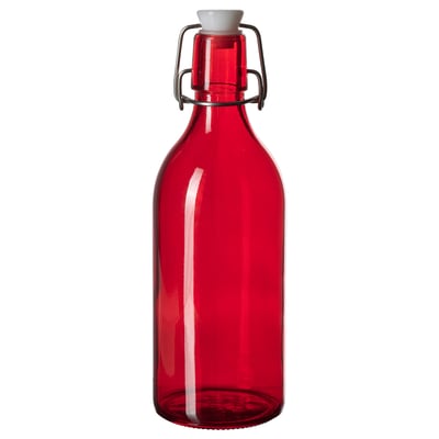 Botella de vidro vermello con tapón flip-top, ideal para zumes e smoothies.