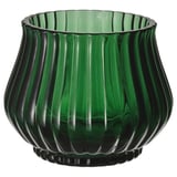 Vaso de vidro verde escuro con textura nervada, deseño artesanal e elegante.