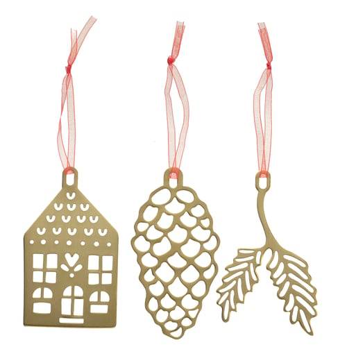 Tres decoracións colgantes douradas: casa, piña e follas. Cintas vermellas unidas.