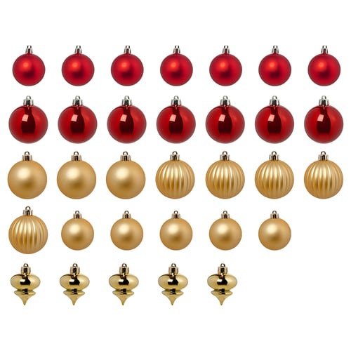 Conxunto de 32 adornos de Nadal VINTERFINT: 24 formas vermellas, 8 douras, redondas e bágoas, deseños metálicos e nervados.