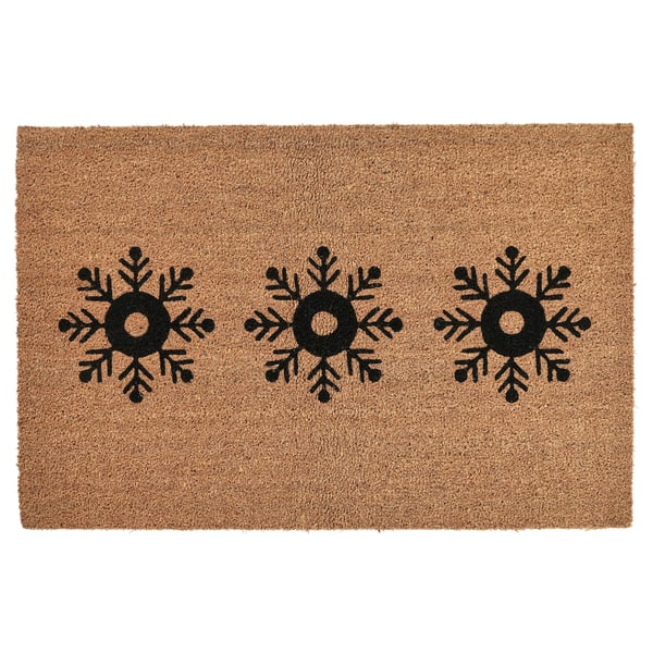 Alfombra de coir rectangular marrón con tres deseños de folerpas de neve negras.