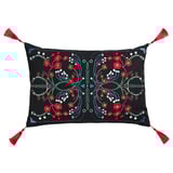 Coxín VINTERFINT negro, flores bordadas vermellas, borras vermellas.