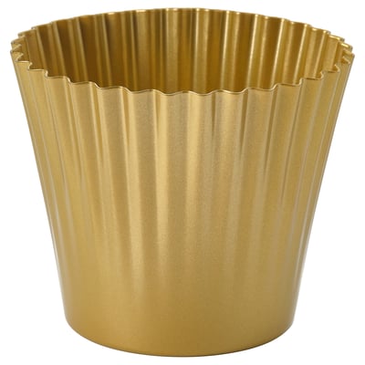 Plantadora de metal dourado con deseño texturizado, forma redonda, pequeno tamaño, acabado metálico.
