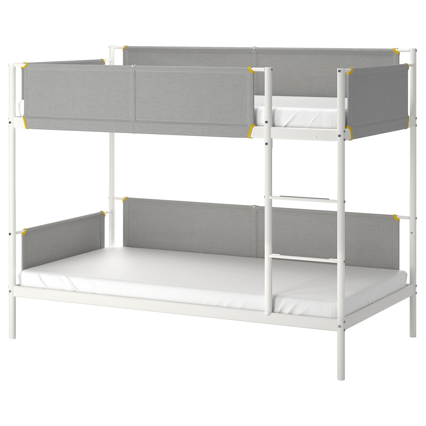 Cama de bunk VITVAL en branco e gris. Deseño moderno con varandas de tecido e formas suaves. Ideal para aforrar espazo.