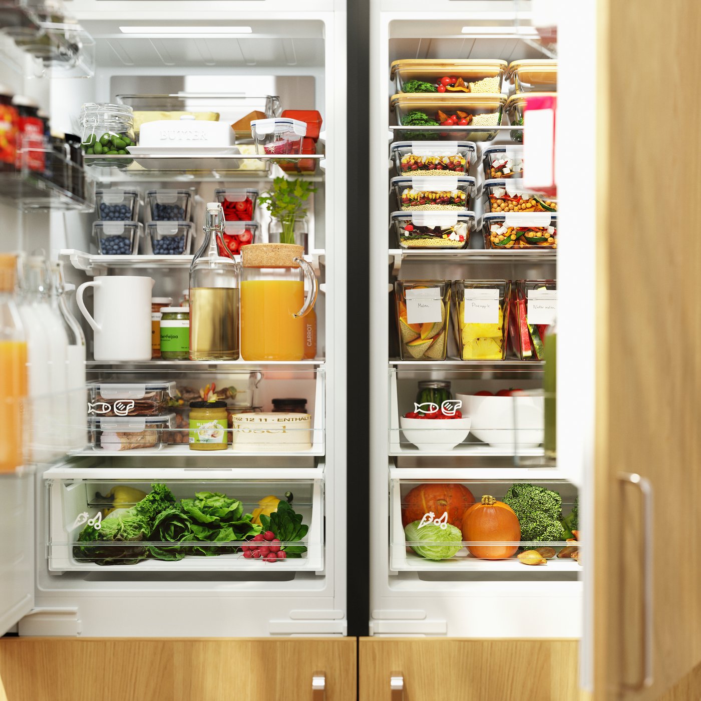 Food items are neatly organised and stored inside two spacious ÖVERNÄS fridge/freezers with SINARP fronts in oak veneer.