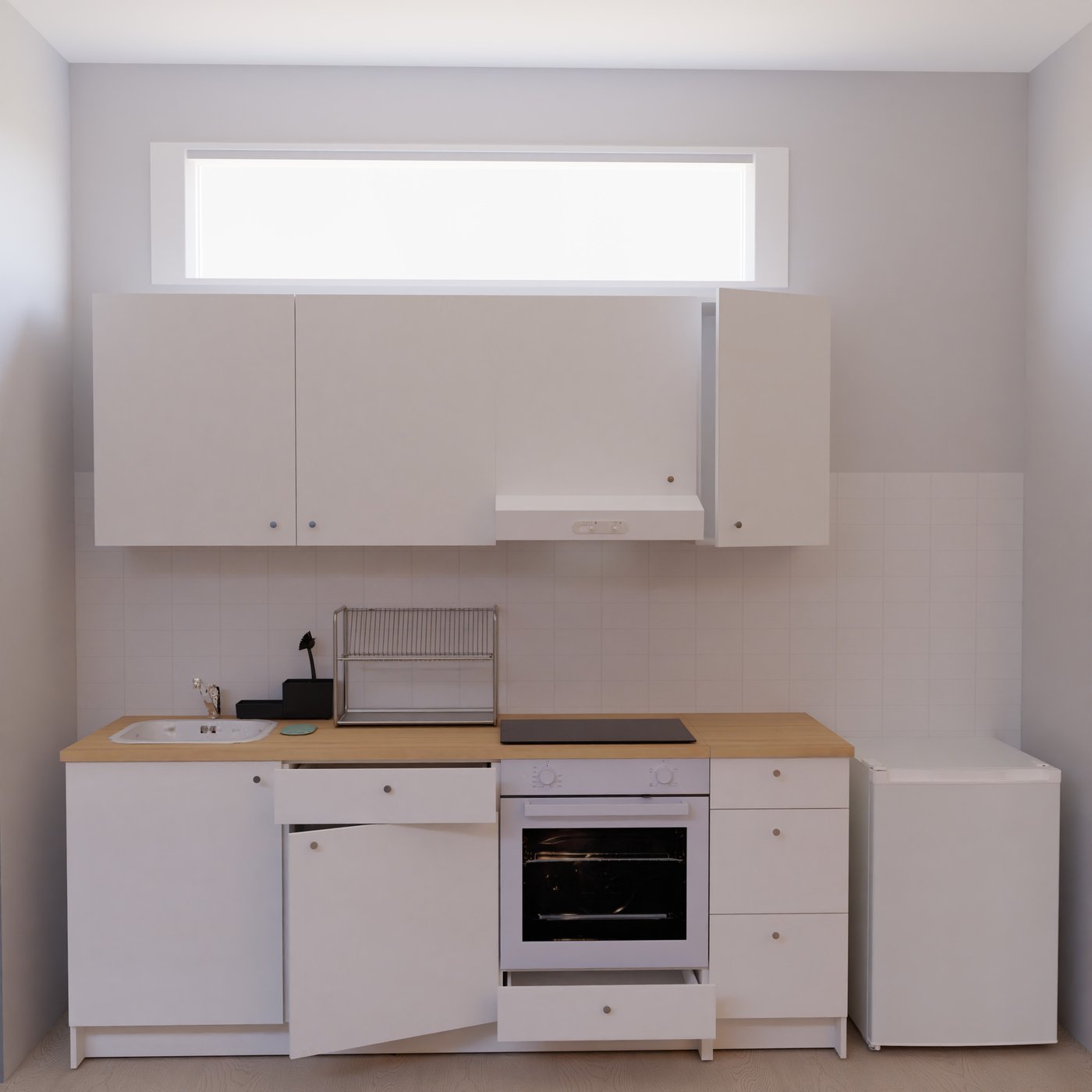 Helle, moderne Küche mit weißen Schränken, Holzarbeitsplatte, Spüle, Herd, Ofen, Kühlschrank und Fenster. Graue Wände und weiße Fliesen