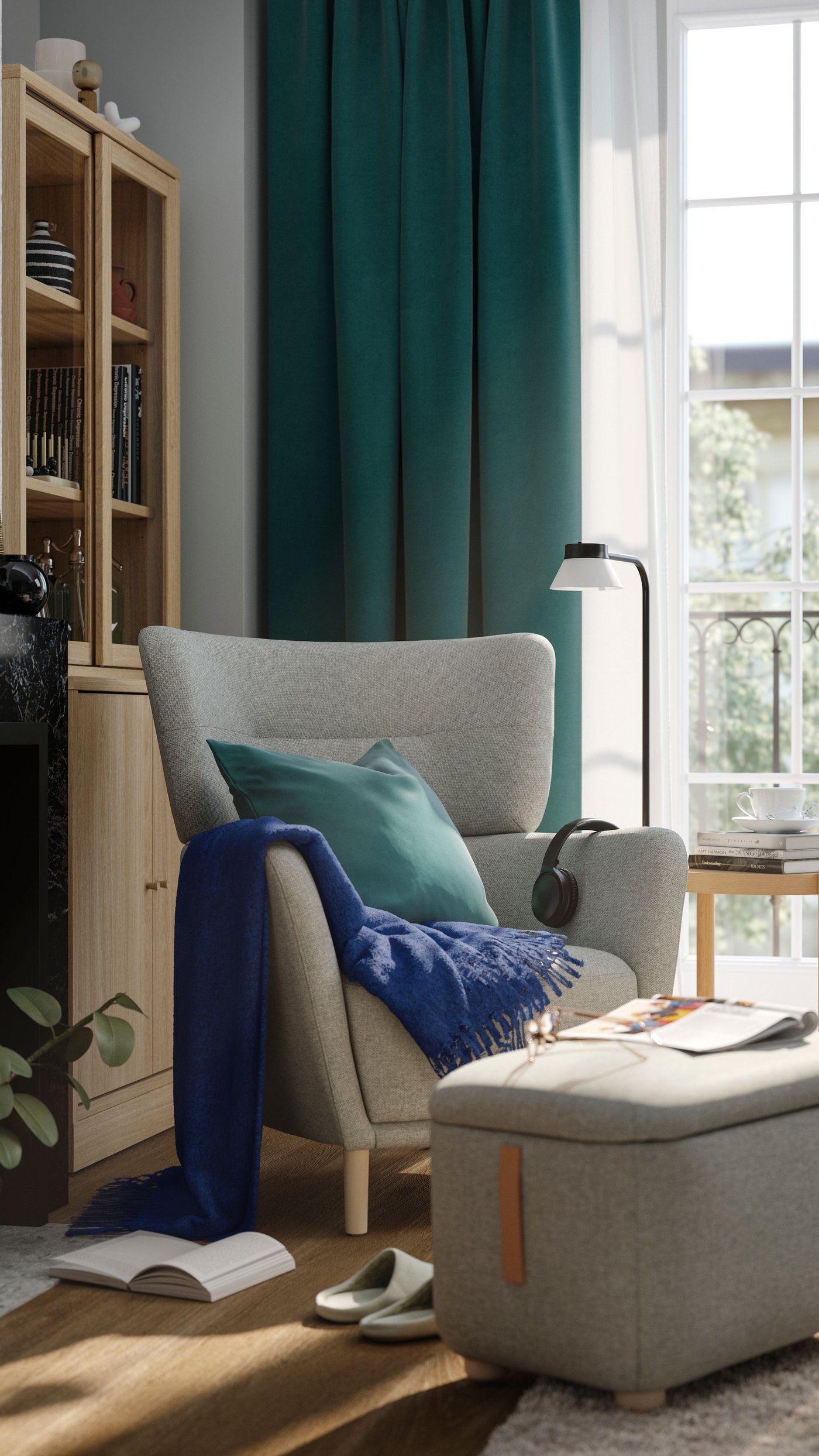 A blue KLIPPOXEL throw in the living room
