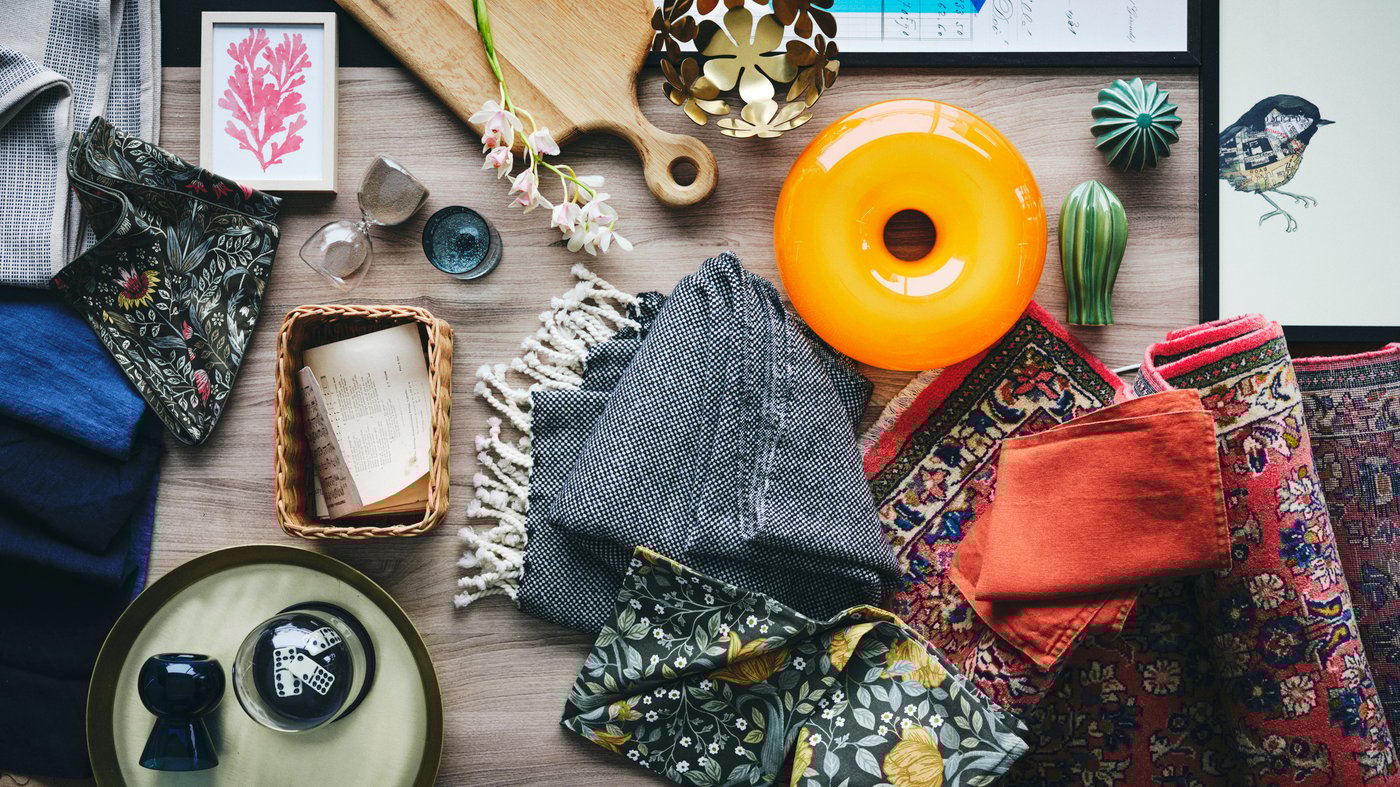 Moodboard stworzony z produktów IKEA i próbek materiałów.