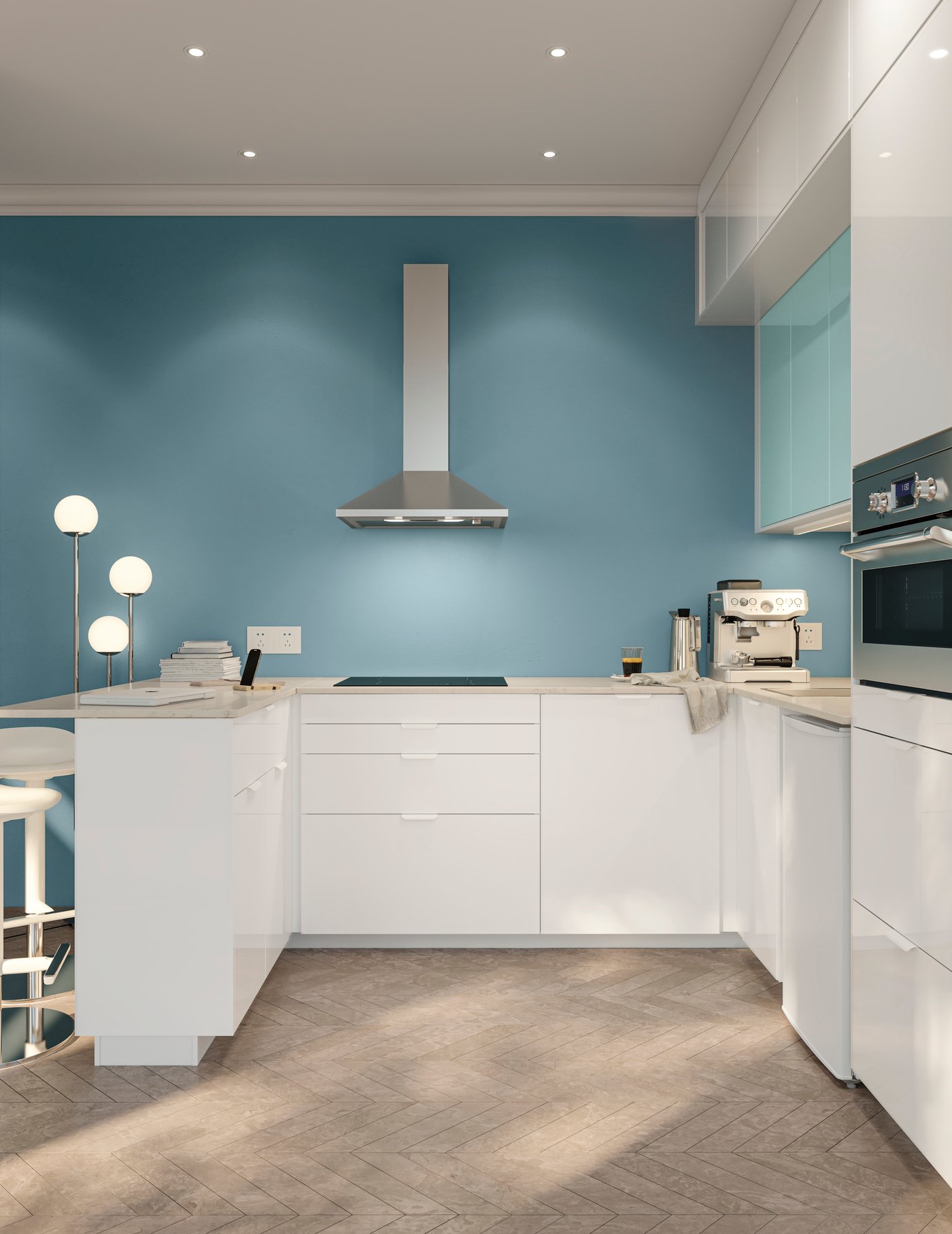 Blick auf eine weiße grifflose Schranktüre in einer Küche aus unserer RINGHULT Serie.