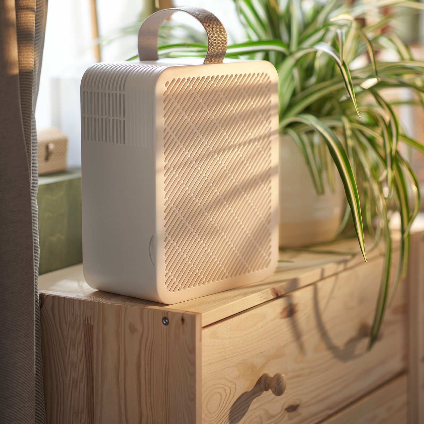 Weißer Luftreiniger mit Griff auf Holzoberfläche neben grüner Zimmerpflanze im Sonnenlicht – minimalistisches Design für moderne Wohnräume.