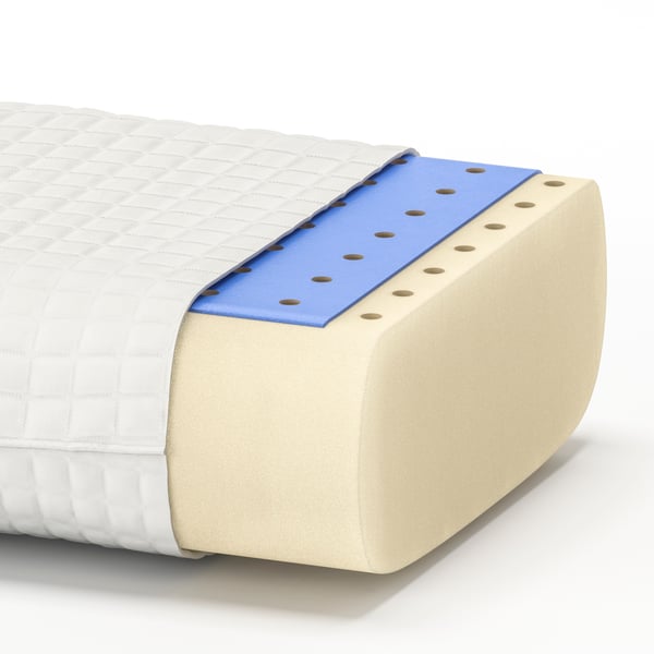 A cross-section of a KLUBBSPORRE ergonomic pillow for side and back sleepers shows the memory foam filling and gel layer.