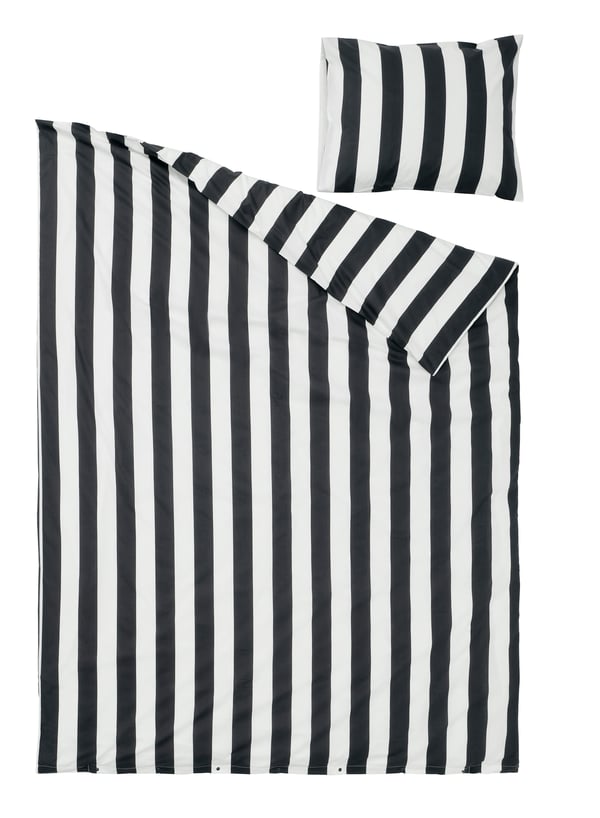 A black/white/striped SLÅNHÖSTMAL duvet cover and pillowcase