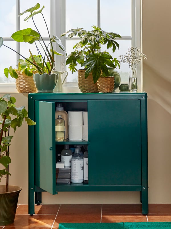 A green KOLBJÖRN cabinet is standing in front of a window. One door is open, revealing toilet paper and detergents.