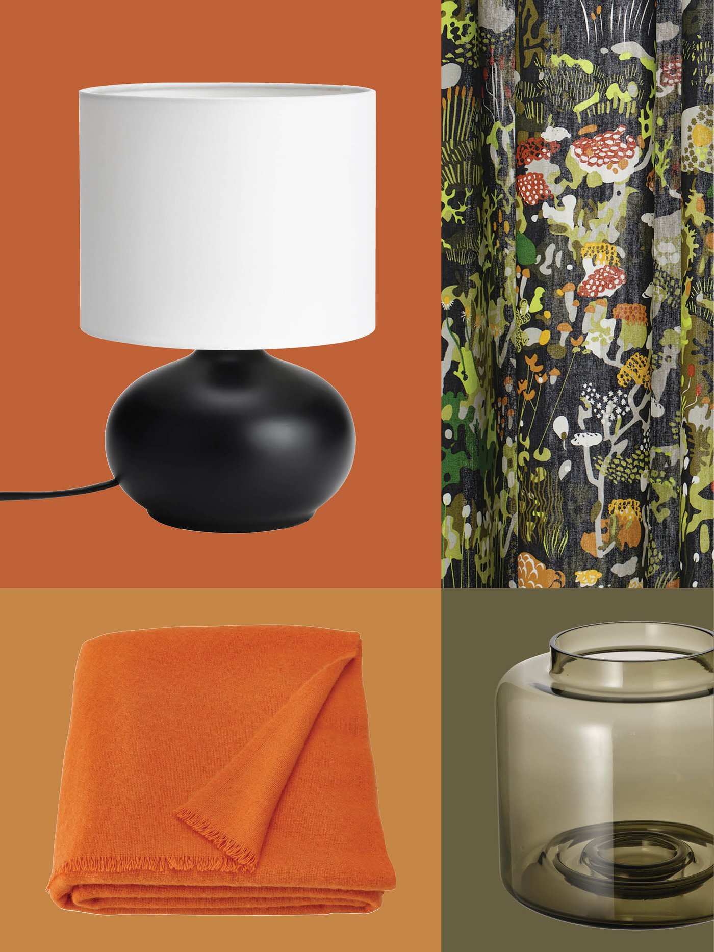 A mix of colorful décor items, including an orange throw, a sculptural bowl and a smoky glass vase, reflects the retro aesthetic often seen in IKEA collections.