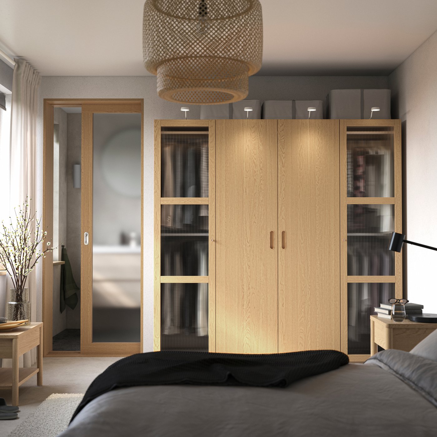 A grey-beige/oak veneer glass PAX wardrobe combination