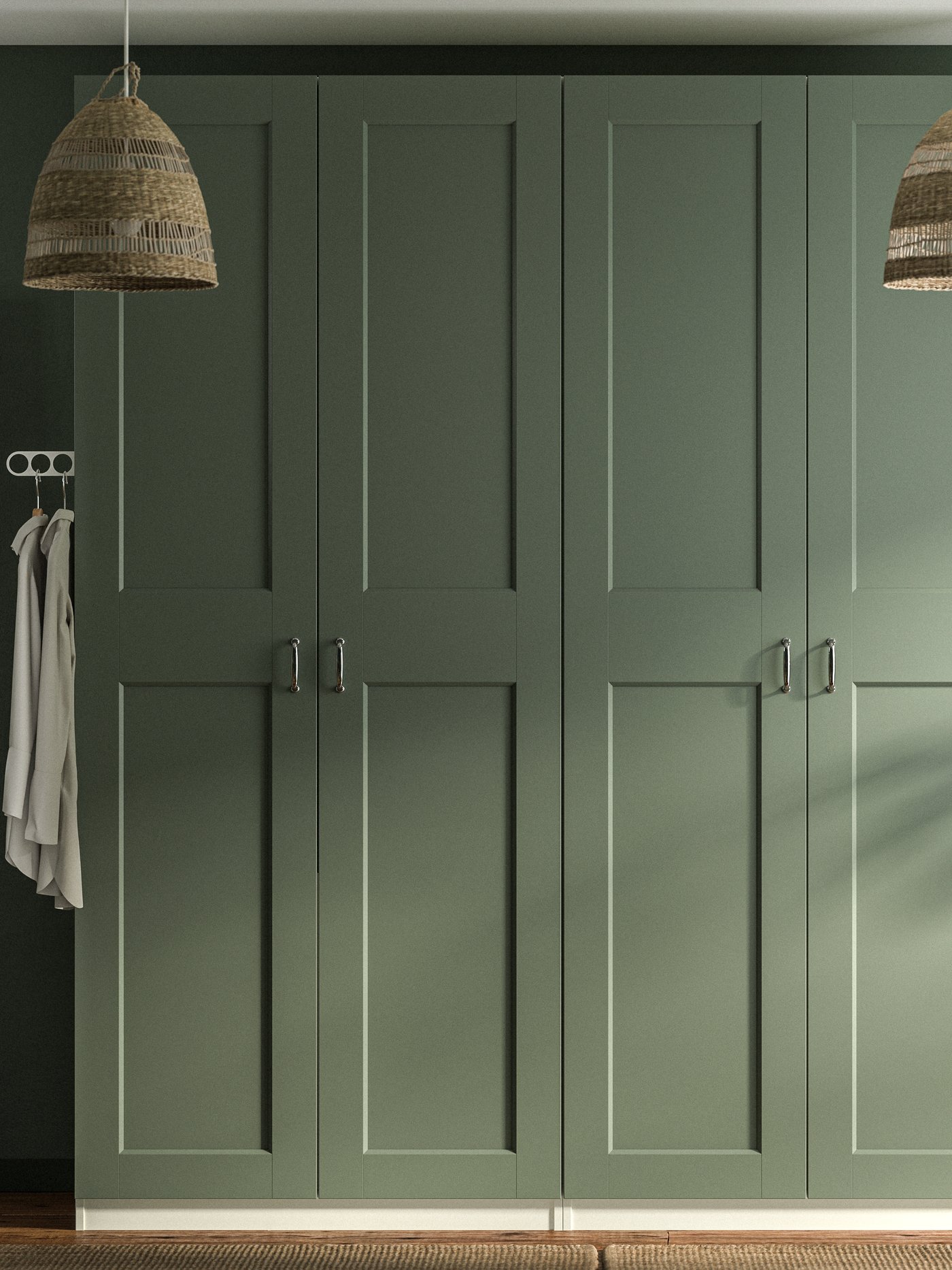 Roupeiros PAX com frentes de porta verde acizentado GRIMO e dois candeeiros de teto TORARED.