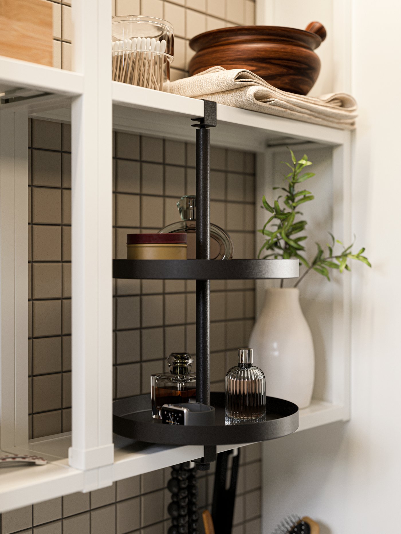 ENHET frames for wall shelves in white, an ENHET swivel shelf in anthracite and two VINARN hand towels in light grey/beige.