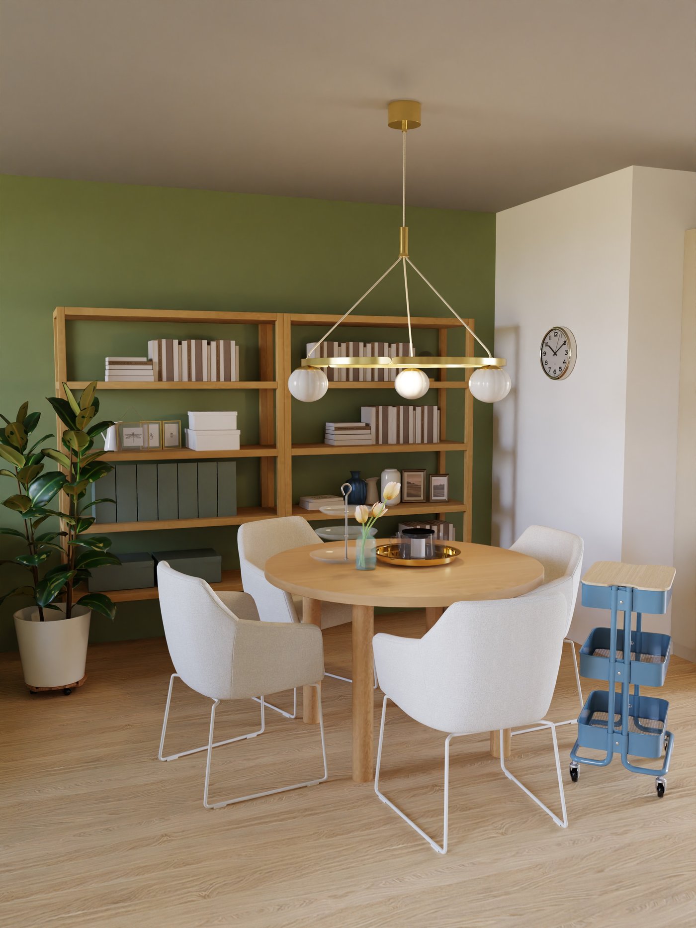 runder Esstisch mit gepolsterten beigen Stühlen und Bücherregal im Hintergrund.