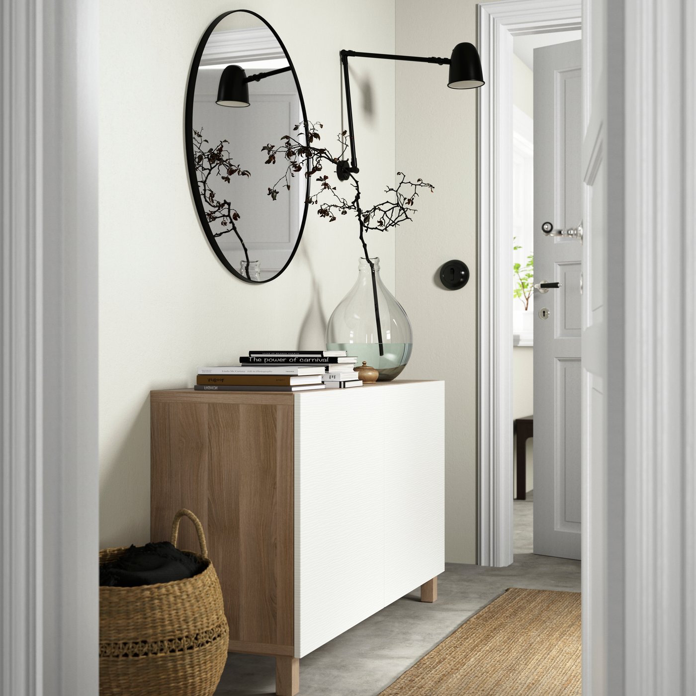 A grey stained walnut effect/Laxviken/Stubbarp white BESTÅ storage combination with doors