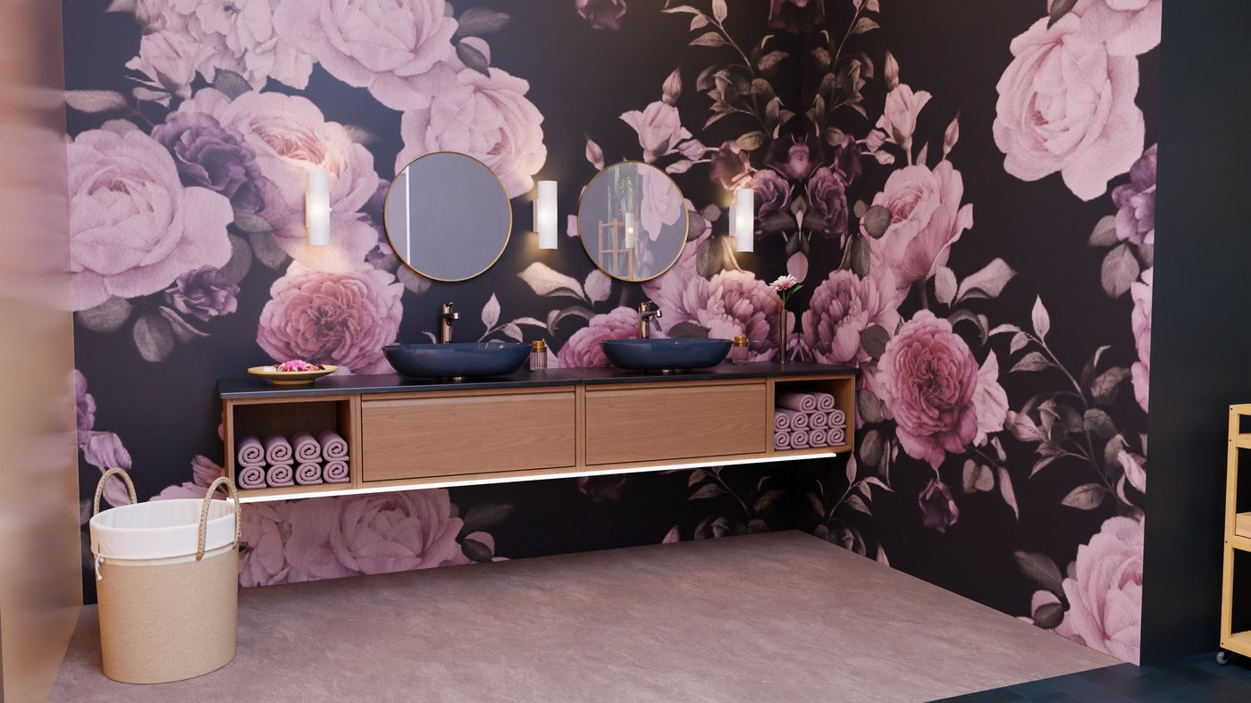 Modernes Badezimmer mit dunkler Rosentapete, Doppelwaschtisch, runden Spiegeln und pinken Handtüchern