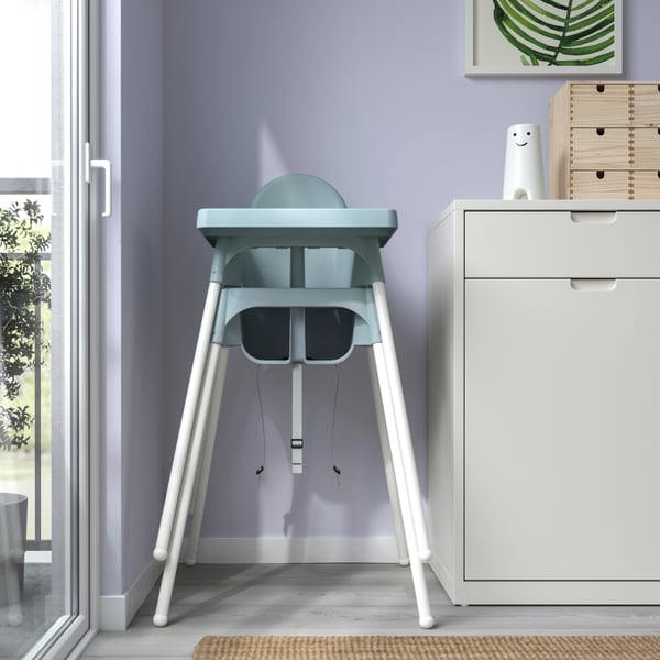 A pine MOPPE mini chest of drawers and ANTILOP highchair with safety belt, grey-blue/white