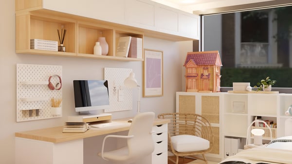 Quarto de criança com cama, estantes BILLY e espaço de estudo