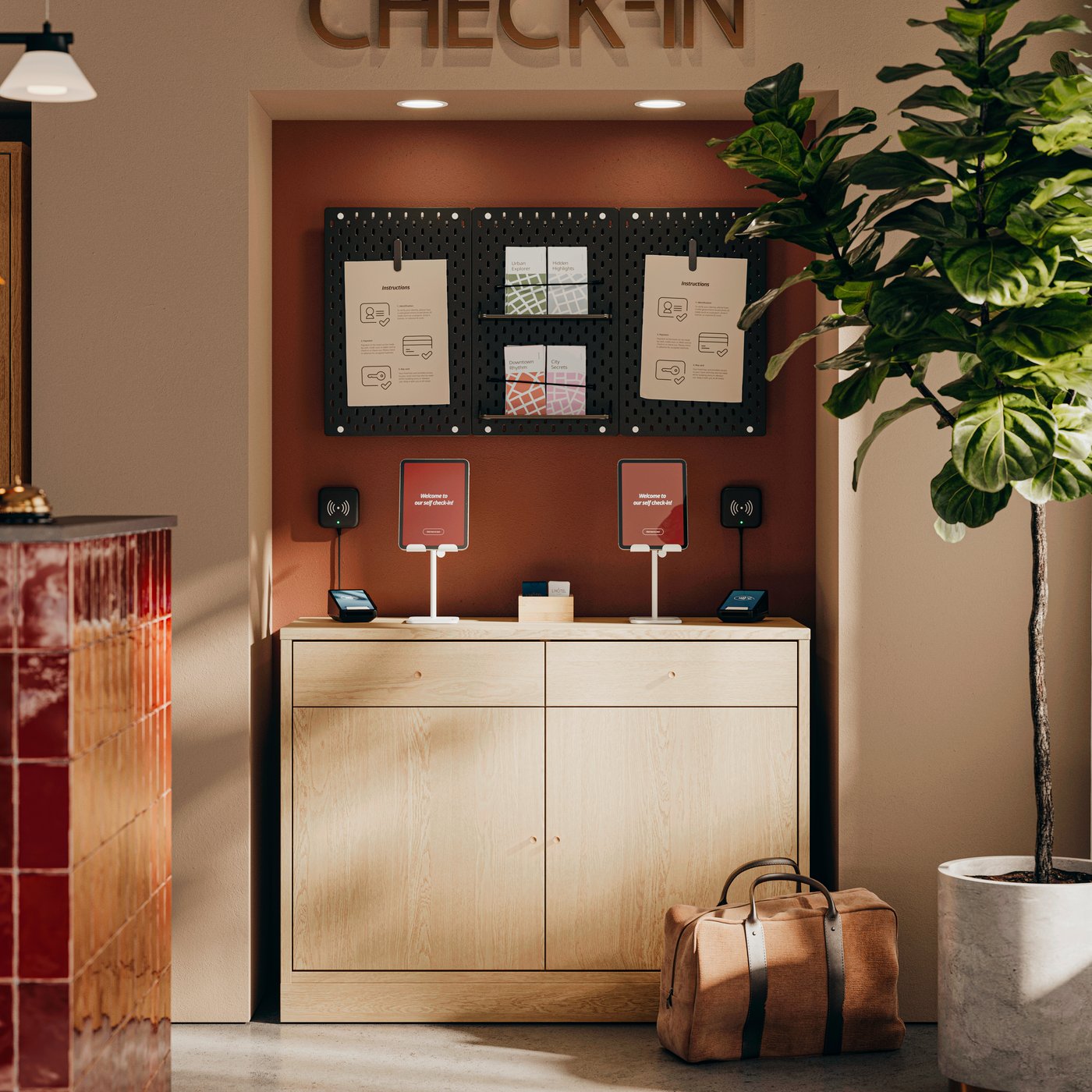 Reception self-check-in station made with TONSTAD oak veneer sideboard holding check-in tablets, brochures, and information.