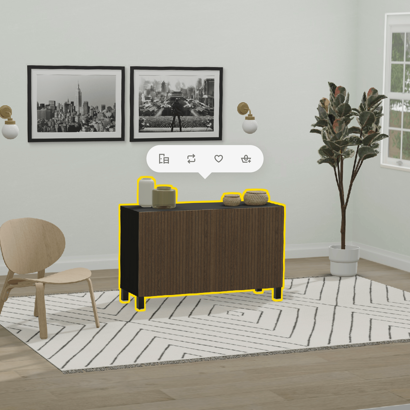 A graphic representation of IKEA Kreativ featuring a walnut‑coloured BESTÅ cabinet with a yellow line