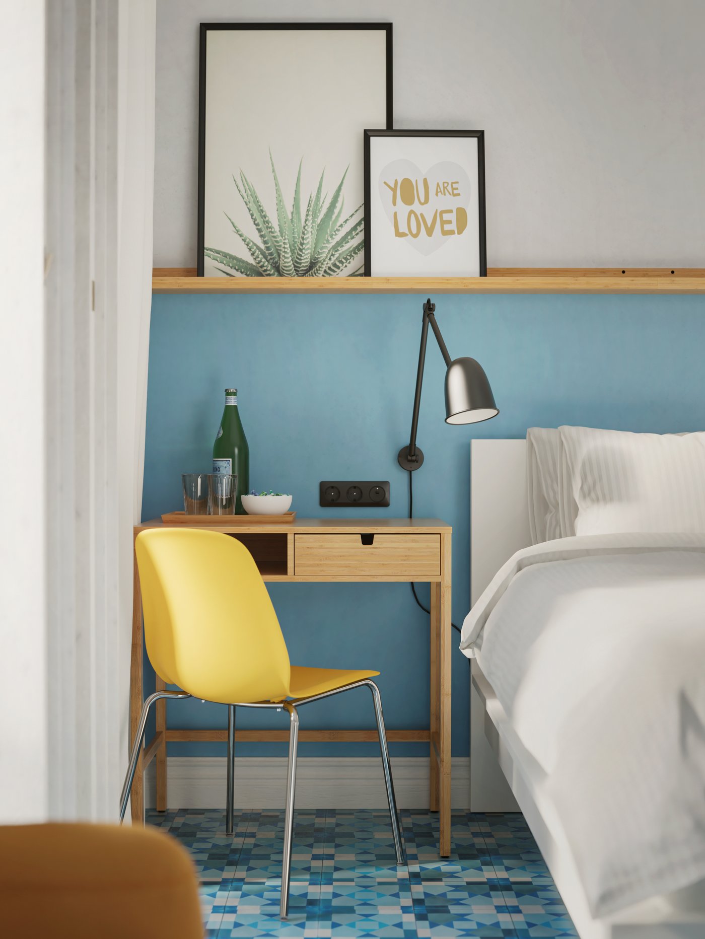 A corner of a white bed next to a window with NORDKISA dressing table, a black reading lamp and a yellow chair.