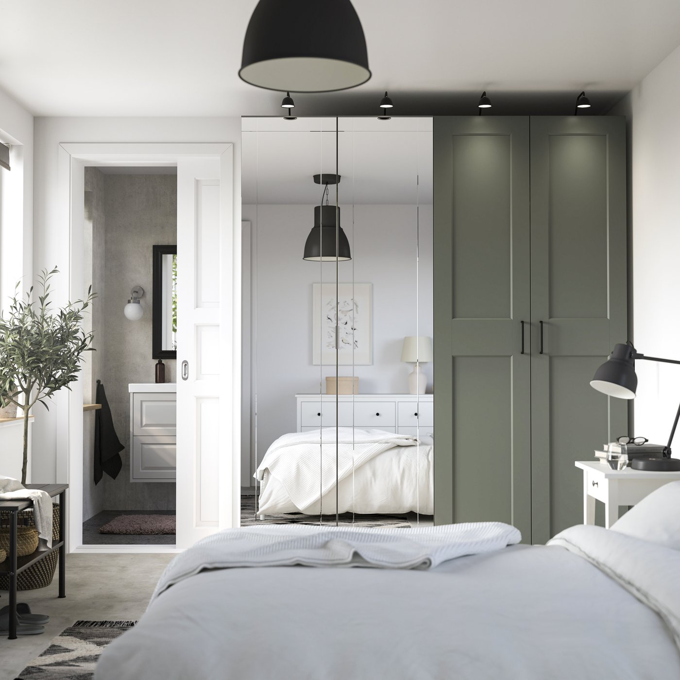 A white mirror glass/grey grey-green PAX wardrobe combination