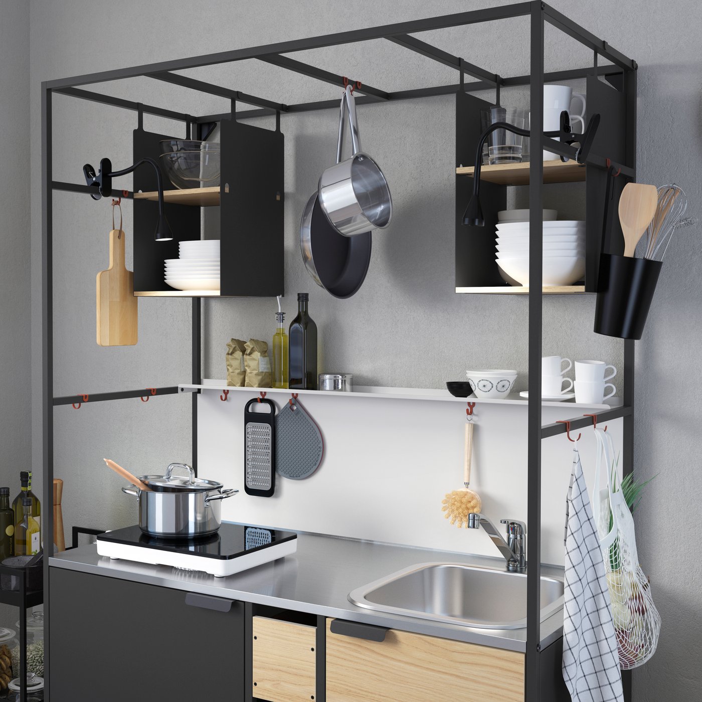 A black/ash ÄSPINGE kitchenette