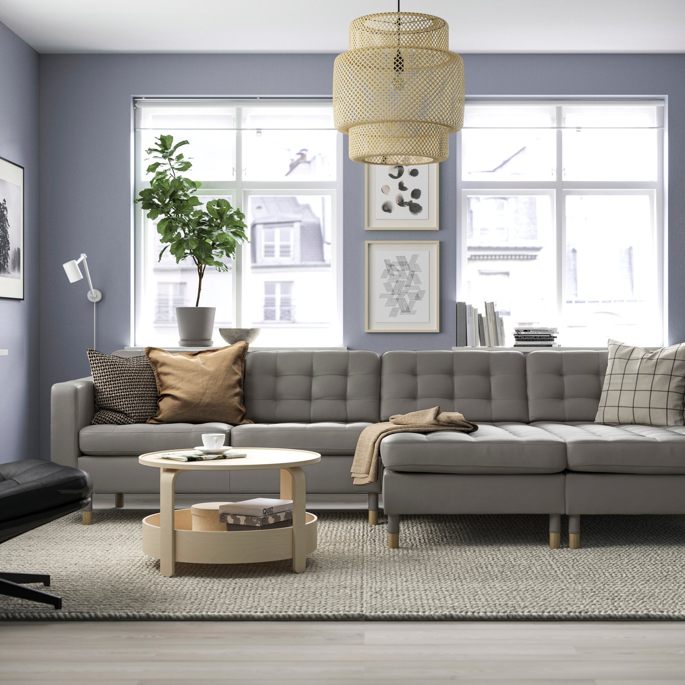 A Grann/Bomstad grey-green/wood LANDSKRONA 4-seat sofa with chaise longues in the living room