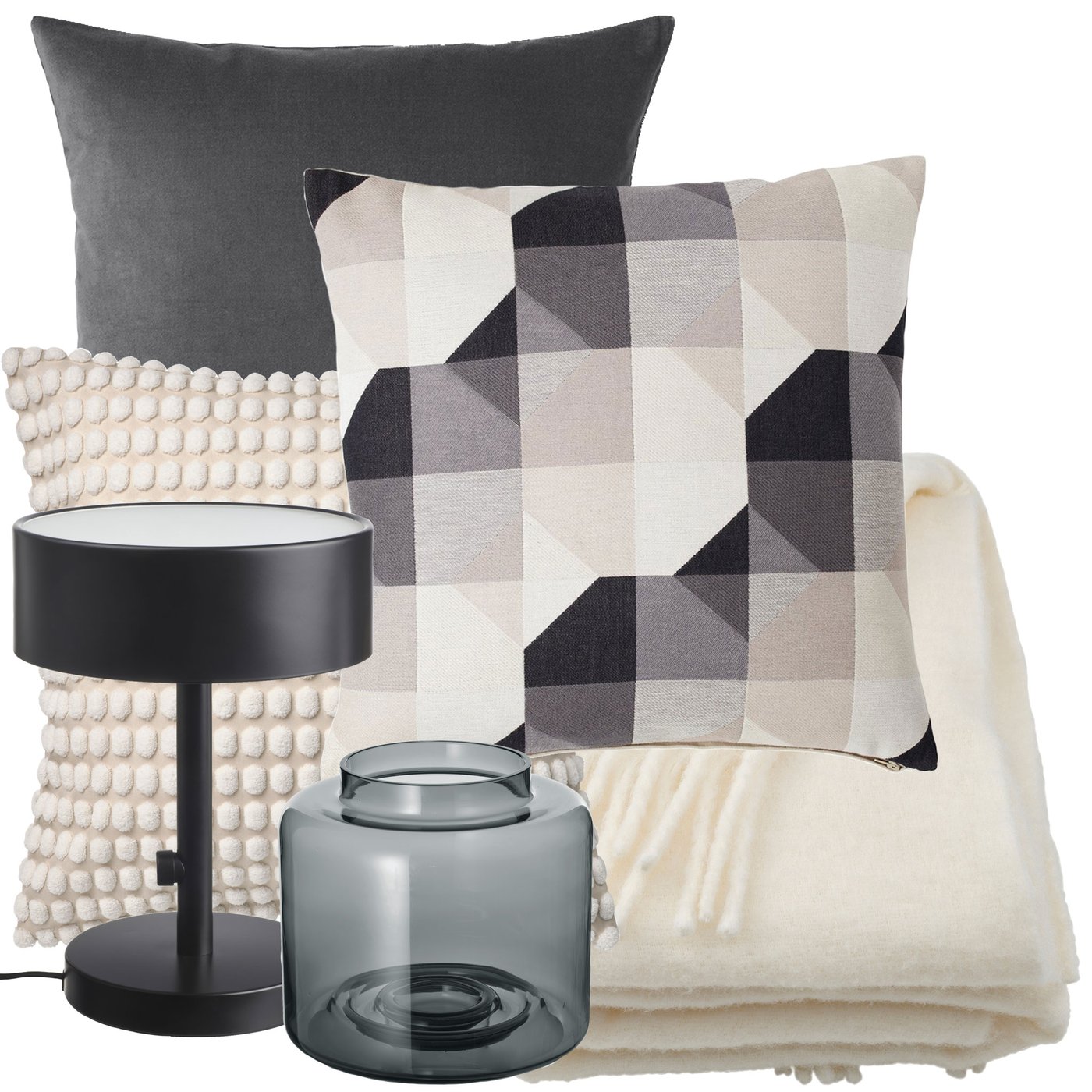 Kollagebild med tre kuddar i gråskala, en offwhite filt, en svart lampa och en grå vas.