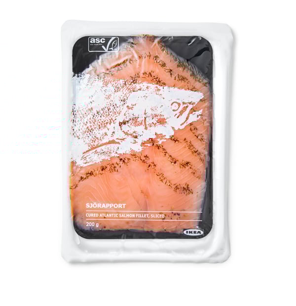 Una confezione di 200 grammi di salmone marinato SJÖRAPPORT