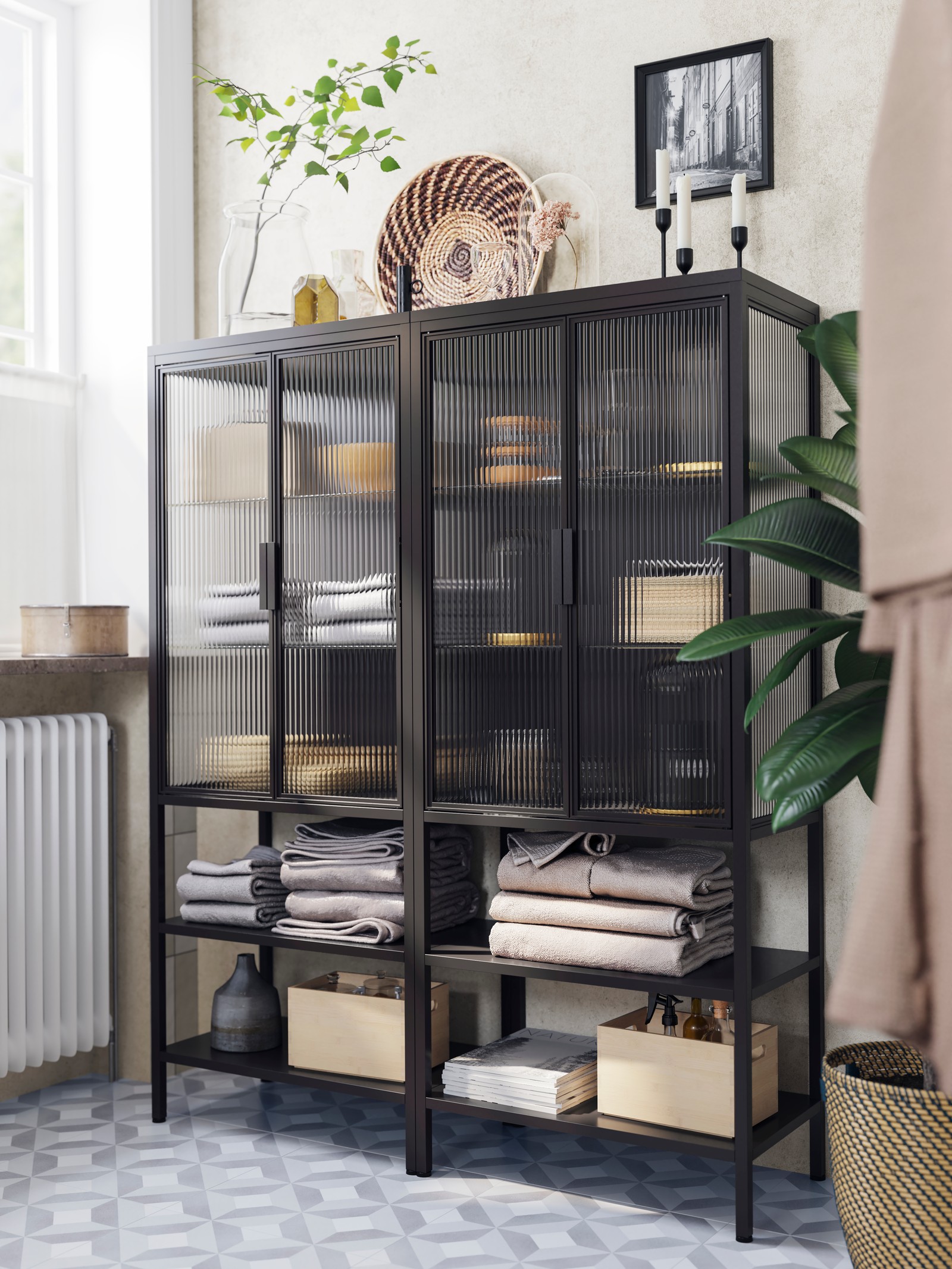 An anthracite MOSSJÖN glass-door cabinet with 2 doors