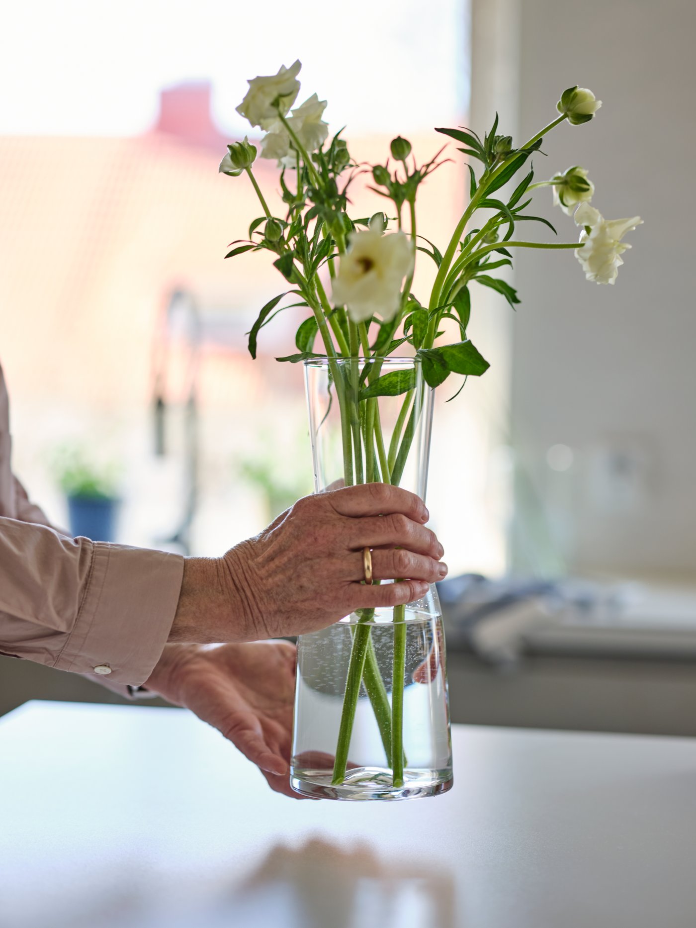 A clear glass TIDVATTEN vase in the living room