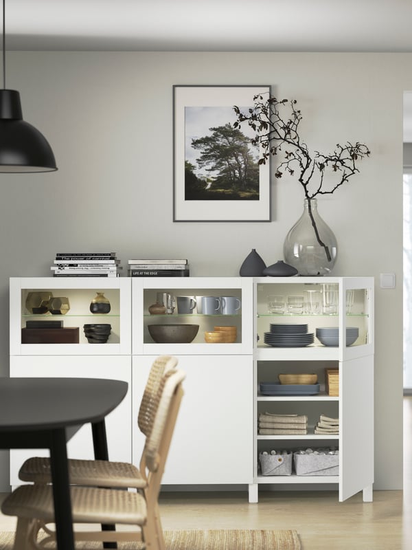 A white Lappviken/Sindvik white clear glass BESTÅ storage combination with doors