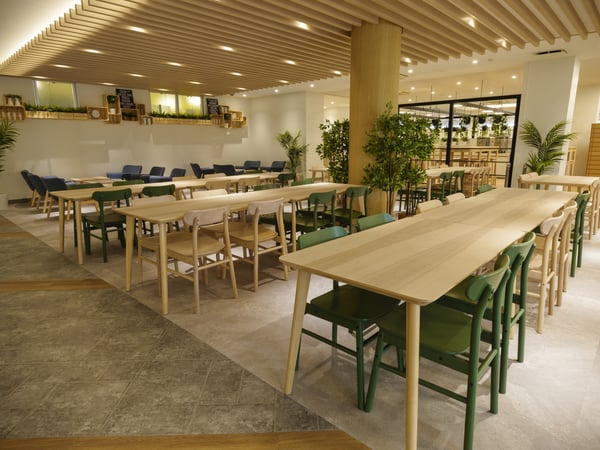 長テーブルと緑の椅子が整然と並ぶ広々とした室内。壁際には植物と装飾棚が配置されている