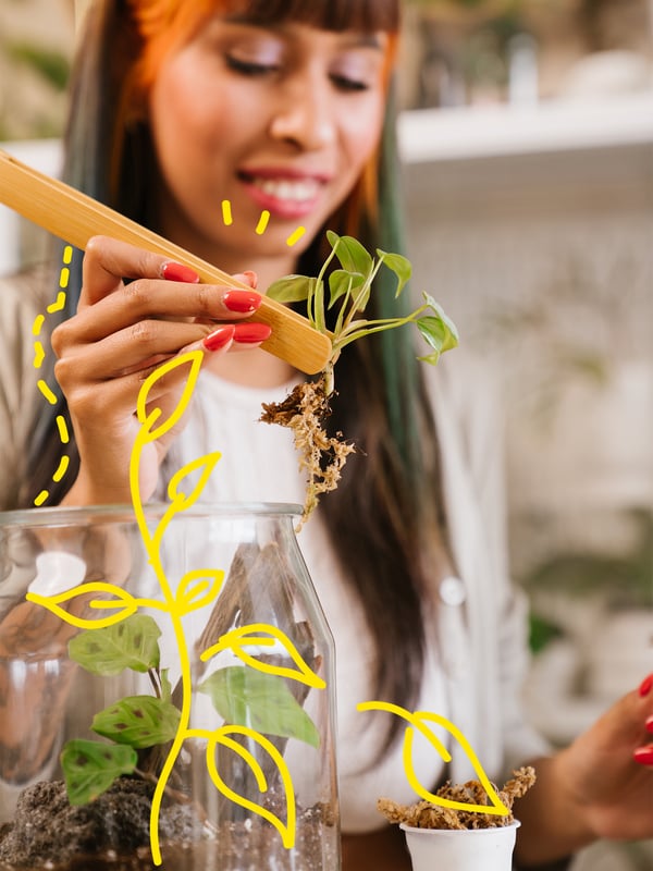Una dona fa servir unes pinces per col·locar un esqueix en un jardí dins un pot.
