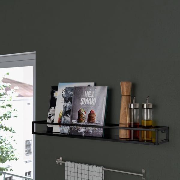 LINDÅSEN shelf on a kitchen wall