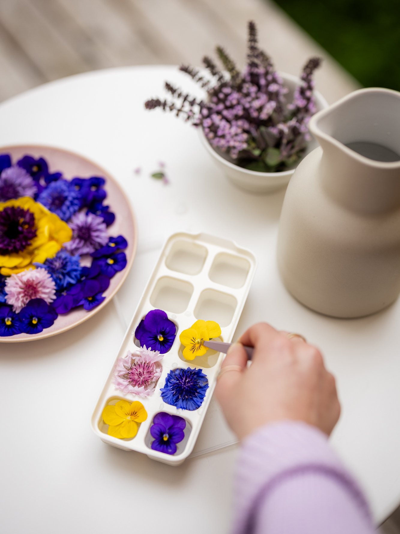 A person places edible flowers into an ice cube tray, surrounded by a plate of flowers and a jug of water.