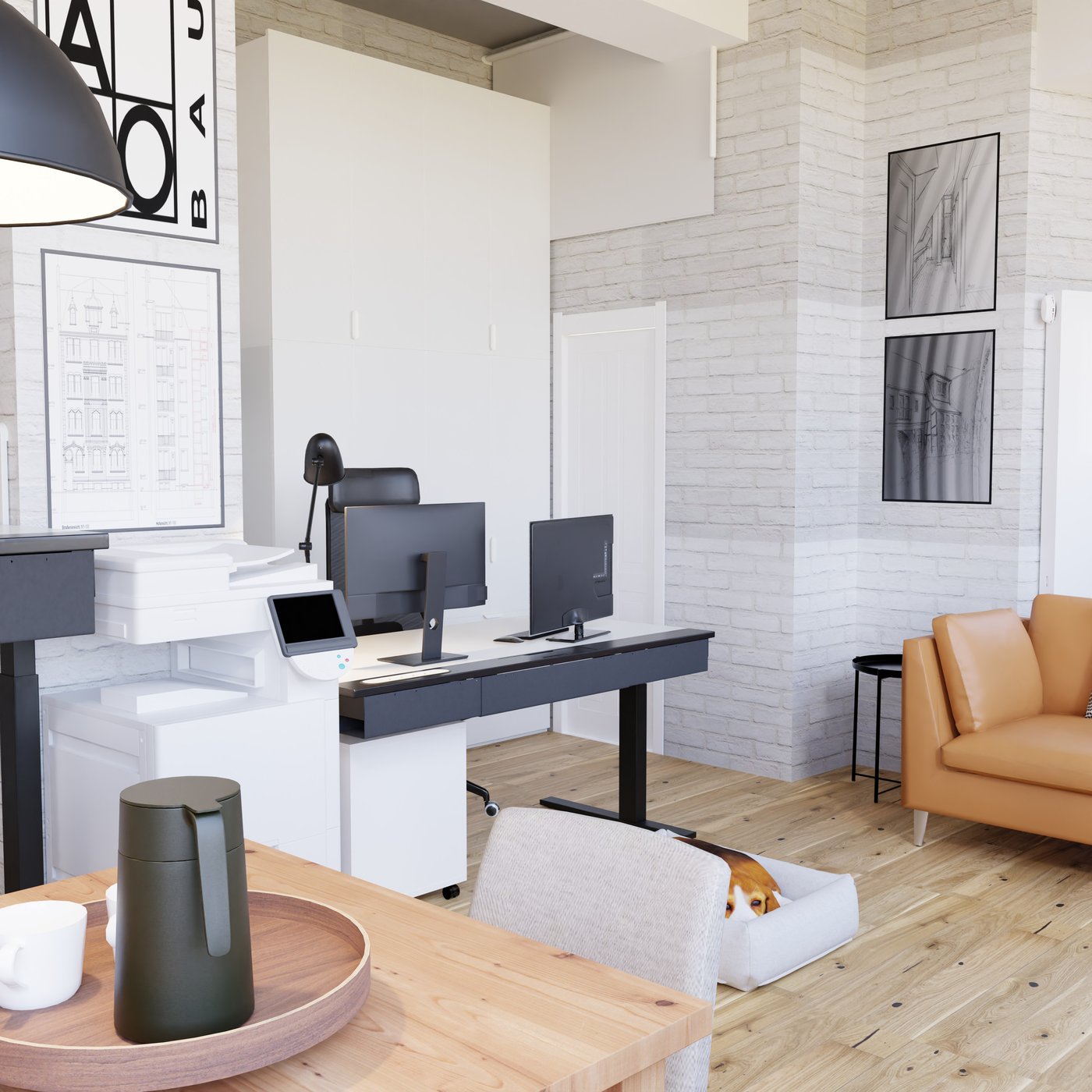 Blick vom Arbeitstisch auf einen weißen Schreibtisch