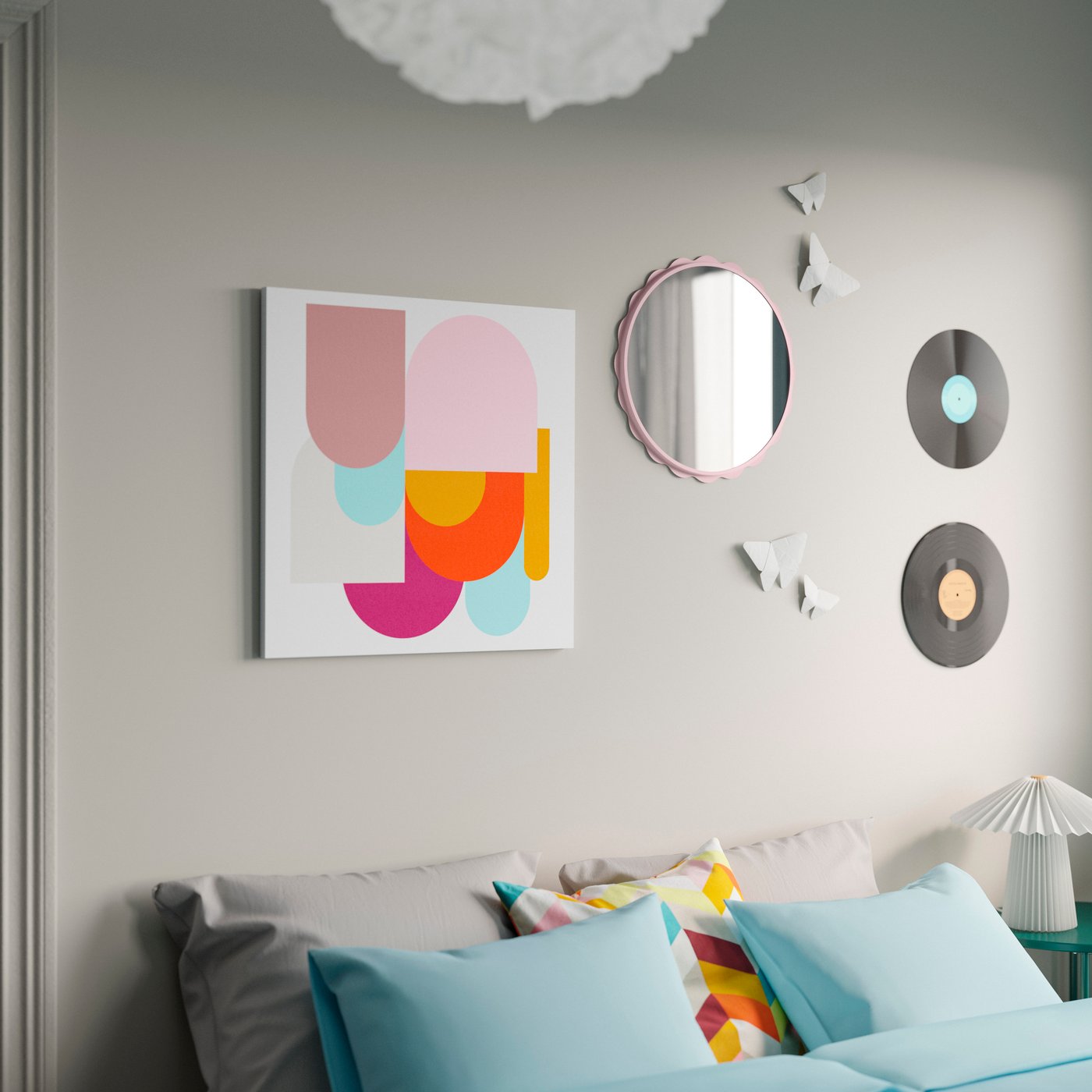 PJÄTTERYD picture 56 cm colourful shapes and DAGGKAPRIFOL light pink mirror