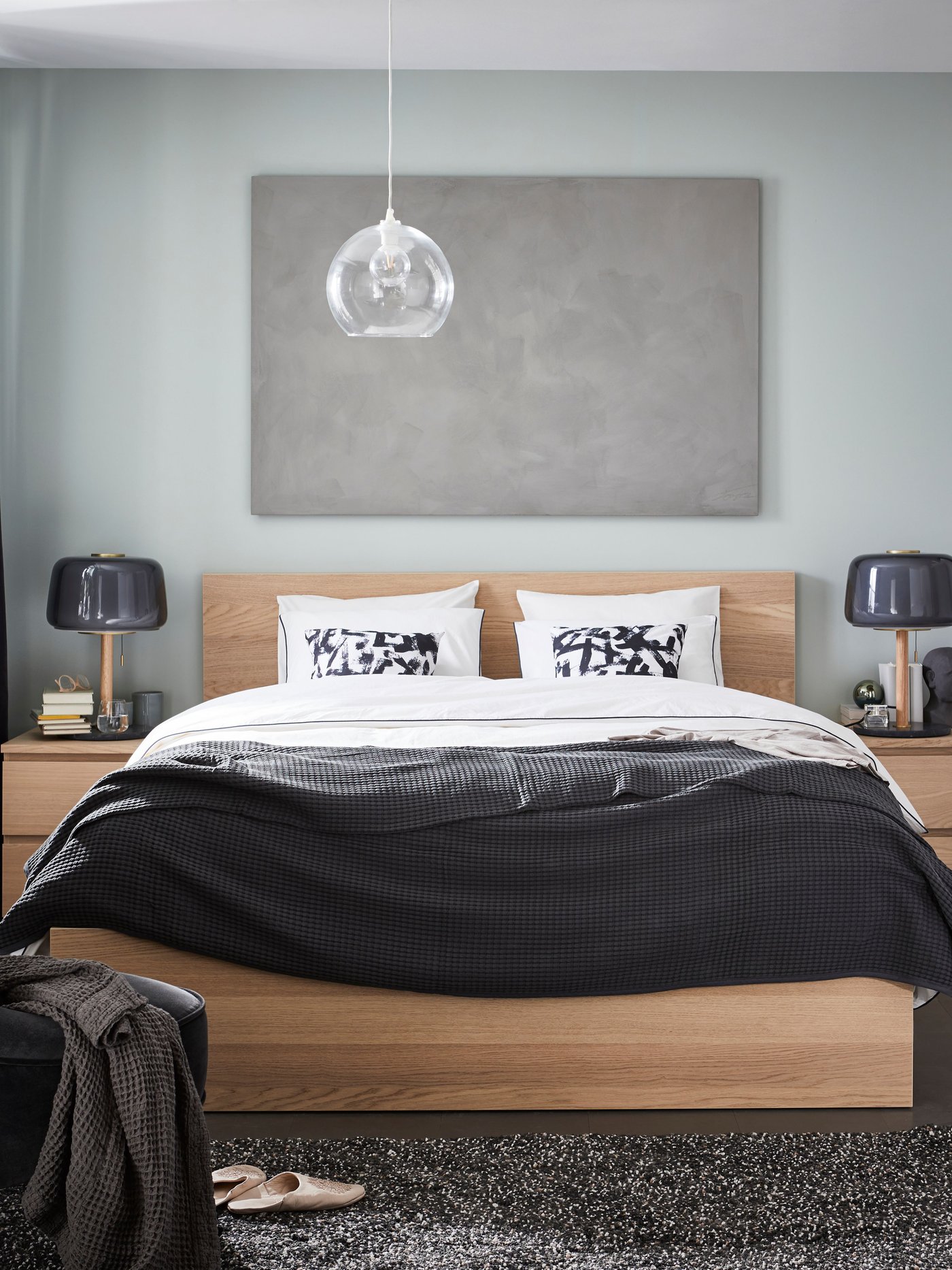 A white stained oak veneer/Luröy MALM bed frame, high