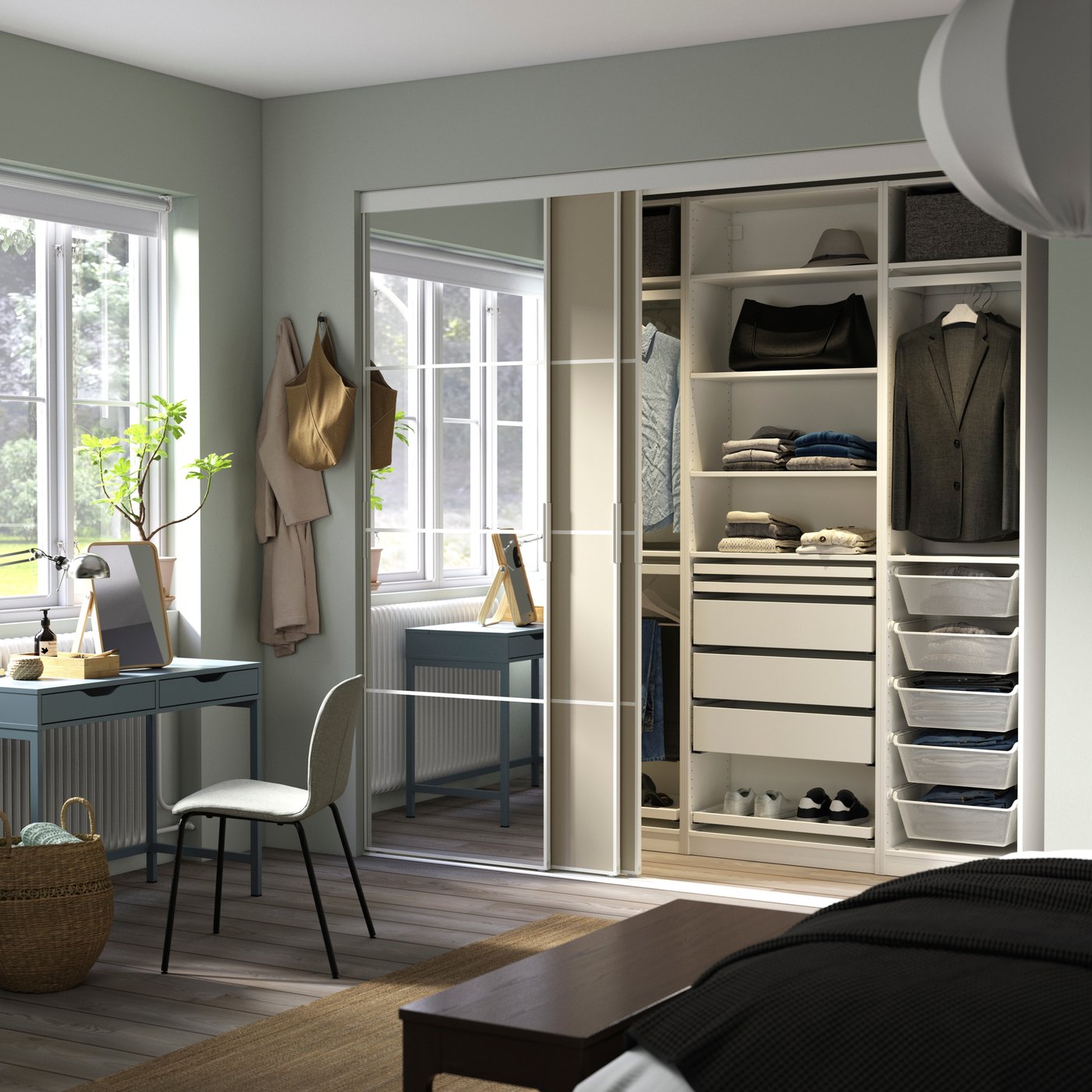 A white Mehamn/Auli/grey-beige mirror glass PAX walk-in wardrobe with sliding doors