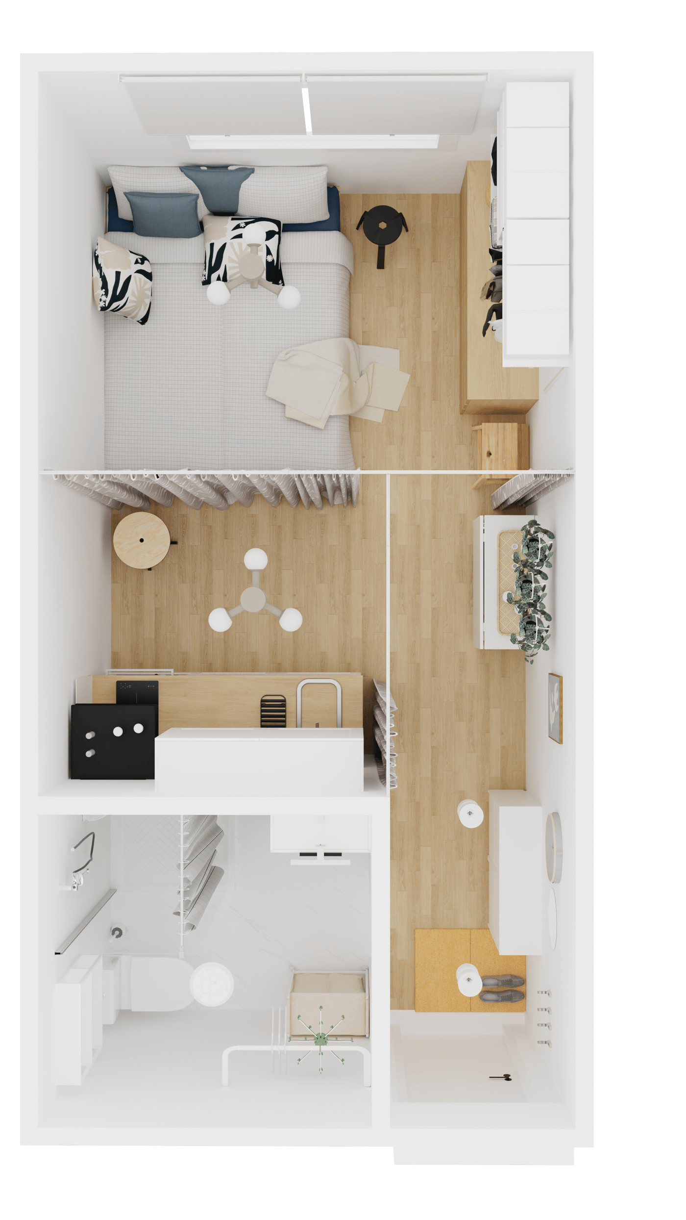 Grundriss einer Unterkunft in einem Container mit kleinem Bad, Kochniesche und Wohn-& Schlafbereich mit dem Bett als Sofa.