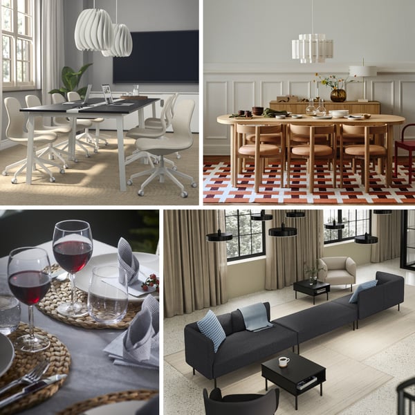 モダンなインテリアのコラージュ。白とグレーのダイニング、木製テーブル、赤ワインのテーブルセッティング、シンプルなリビング。